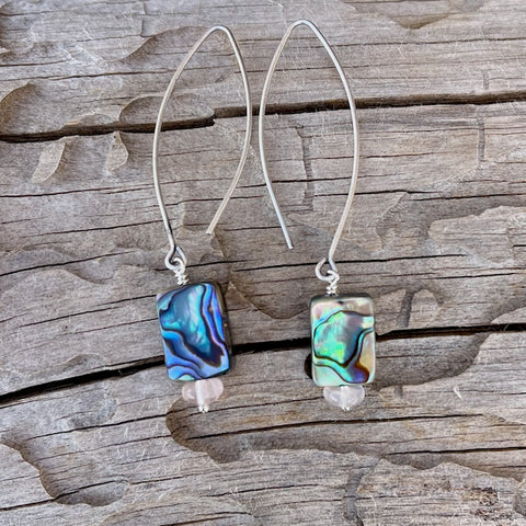 Abalone and rose quartz earrings with long oval ear wires