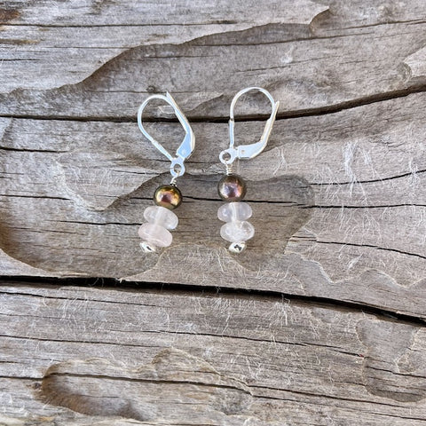 Delicate rose quartz and freshwater pearl earrings