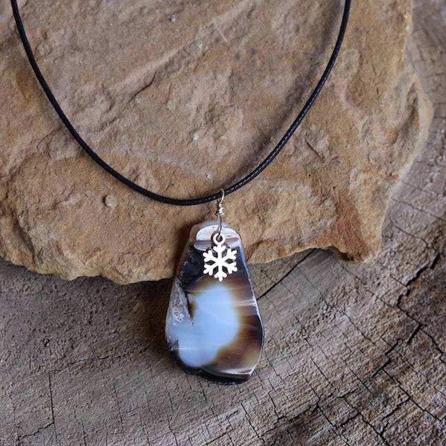 Agate slab stone pendant necklace with snowflake charm