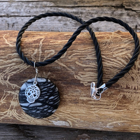 Black silk agate stone pendant necklace with silver sugar skull charm