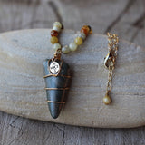 Wire wrapped Durango stone pendant with compass charm necklace with rainbow moonstone and gold filled chain