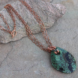 Green chrysocolla stone pendant on copper chain necklace