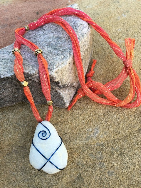 Selkirk collection white stone pendant necklace with blue wire on silk