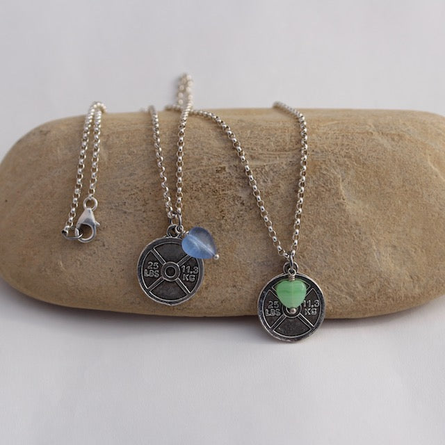 Pewter weight plate pendant necklace on sterling chain with green or blue glass heart