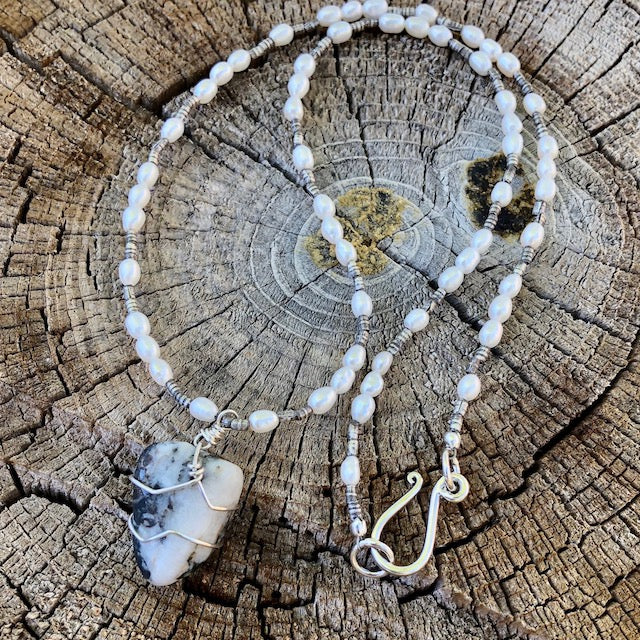 Selkirk stone pendant necklace with sterling silver beads and wire-wrapping