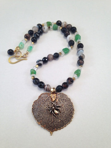 Aspen leaf with bronze spider pendant necklace