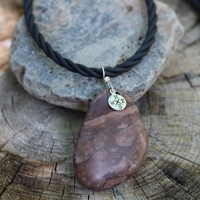 Adventure series stone pendant necklace with sterling compass charm on rubber cord
