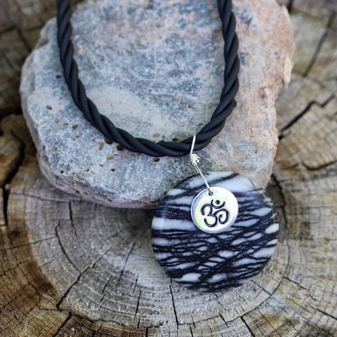 Black silk agate stone pendant necklace with sterling Om charm