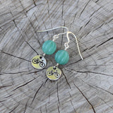 bike charm earrings with teal agate pumpkin beads and sterling ear wires