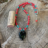 Black agate pendant necklace with red coral and turquoise