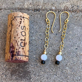 Gold chain earrings with onyx and blue lace agate