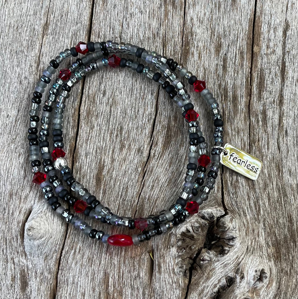 Stretch necklace or triple wrap bracelet with sterling fearless charm