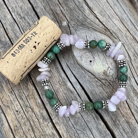 Turquoise and fluorite stretch bracelet with sterling silver