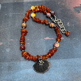 Baltic Amber necklace with a dark metal Aspen leaf pendant