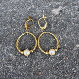 Golden seed bead and pearl flexible loop earrings