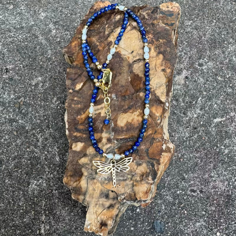 Lapis and freshwater pearl necklace with bronze dragonfly pendant