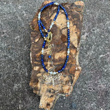 Lapis and freshwater pearl necklace with bronze dragonfly pendant