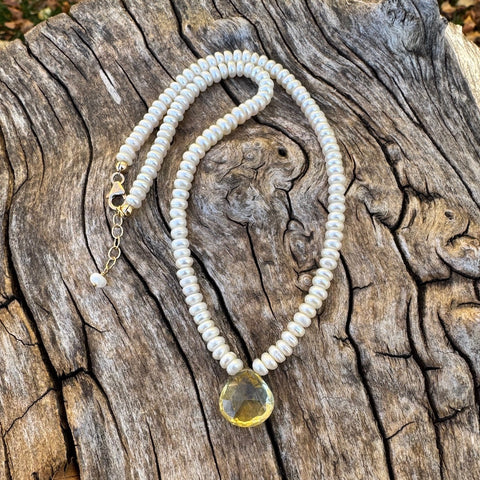 Lemon quartz pendant necklace with freshwater pearls