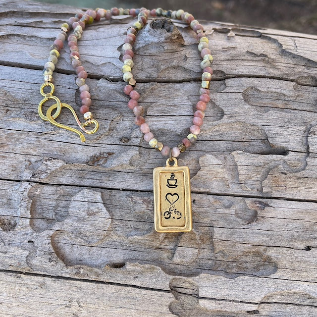 Hand stamped brass pendant necklace with agate