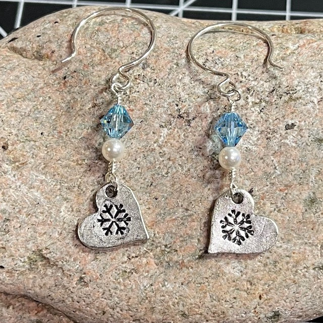 Stamped snowflake heart earrings