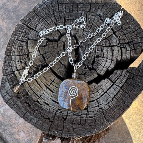 Wire spiral bronze pendant necklace on sterling chain