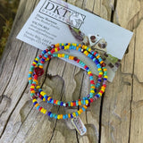 Colorful stretch necklace or triple wrap bracelet with sterling believe charm