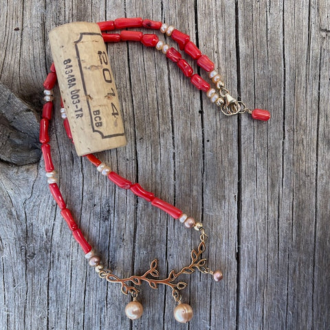 Red coral necklace with bronze branch pendant and freshwater pearls