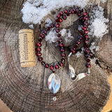 Crimson pearl necklace with sterling silver leaf pendant