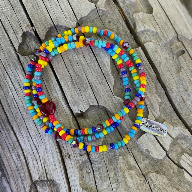 Colorful stretch necklace or triple wrap bracelet with sterling believe charm