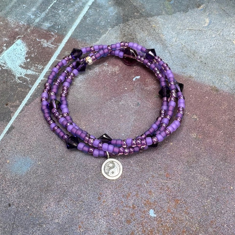 Purple beaded stretch necklace or triple wrap bracelet with sterling yin yang charm