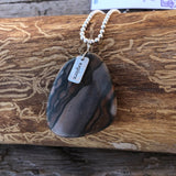 Agate stone pendant necklace with sterling silver "explore" charm on sterling silver ball chain
