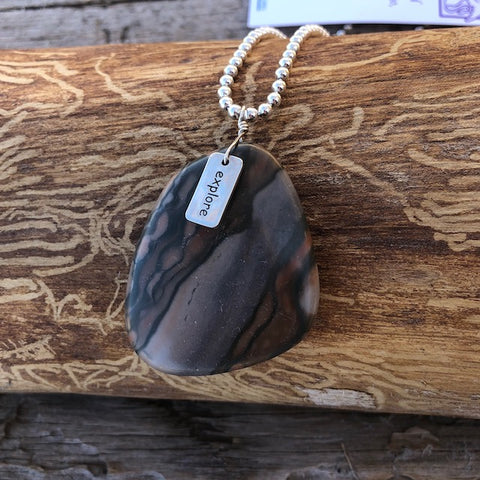 Adventure series agate stone pendant necklace with sterling "explore" charm