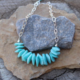 Bib style necklace with amazonite tiles on sterling silver hammered chain