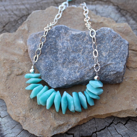 Bib-style statement necklace with amazonite tiles and sterling silver chain