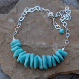 Bib style statement necklace with amazonite nuggets on sterling hammered chain