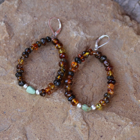 Adventure series flexible hoop earrings with amber and turquoise