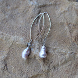 Elegant baroque pearl earrings with gray Swarovski crystals on long oval silver-plated ear wires