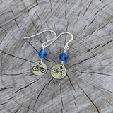 bike charm earrings with blue Swarovski crystals and sterling ear wires