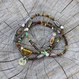 Bike charm stretch necklace or triple wrap bracelet with brown mix of beads and abalone shell accents
