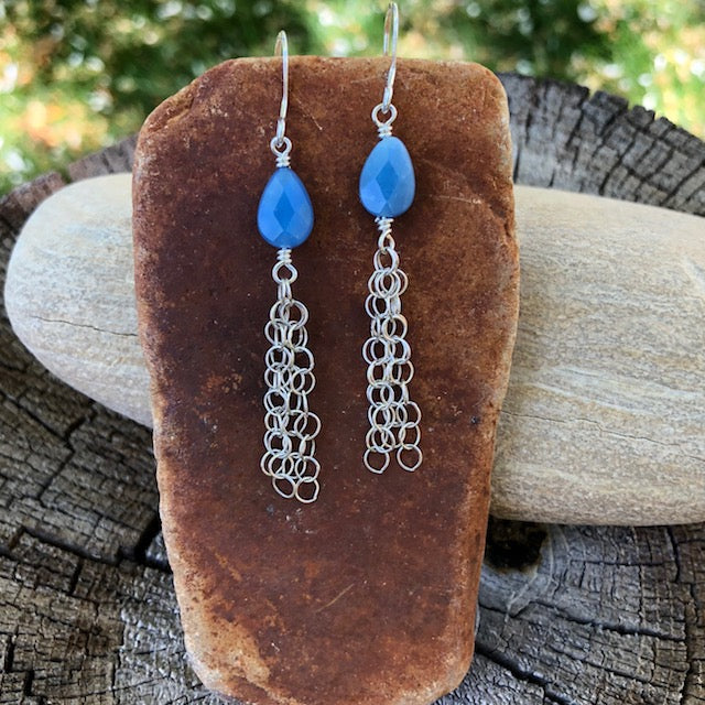 Blue quartz drops with sterling chain tassels earrings