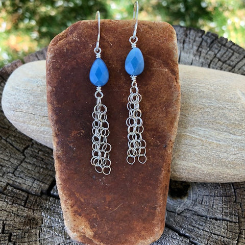Blue agate drops with sterling chain tassel earrings
