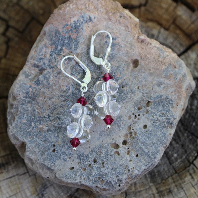 Clear crystal "barbell" bead earrings with ruby-colored Swarovski crystals and sterling lever back ear wires