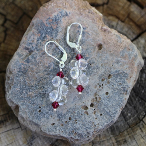 Clear crystal earrings with ruby Swarovski crystals