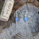 Earrings with blue quartz drops and sterling chain tassels with cork for size reference