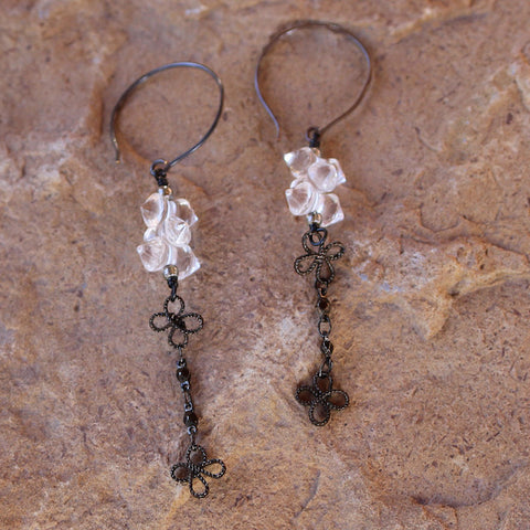 Crystal cluster earrings with dark bronze flower chain