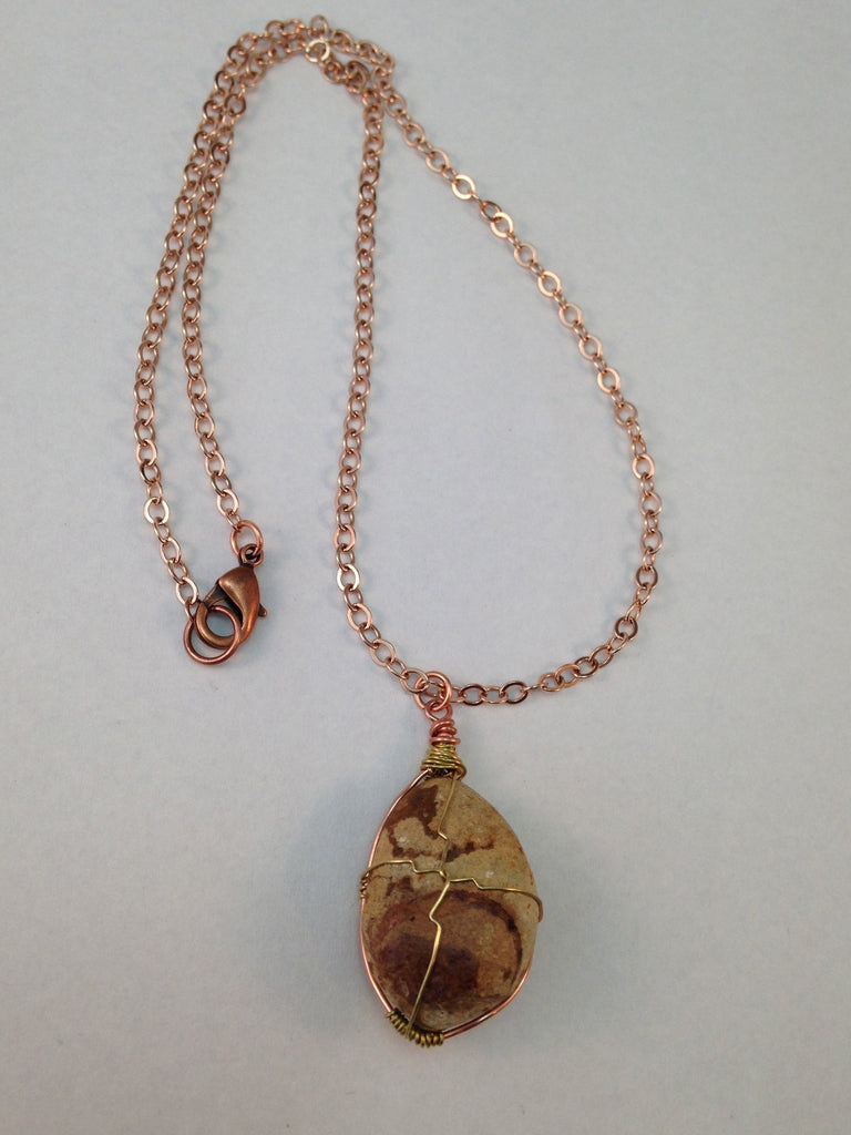 Brass and copper wire wrapped Durango Trails stone pendant necklace