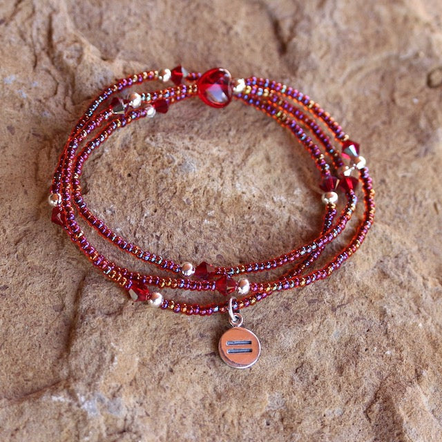 Equality charm stretch necklace or triple wrap bracelet with red seed beads, Swarovski crystals and silver round beads