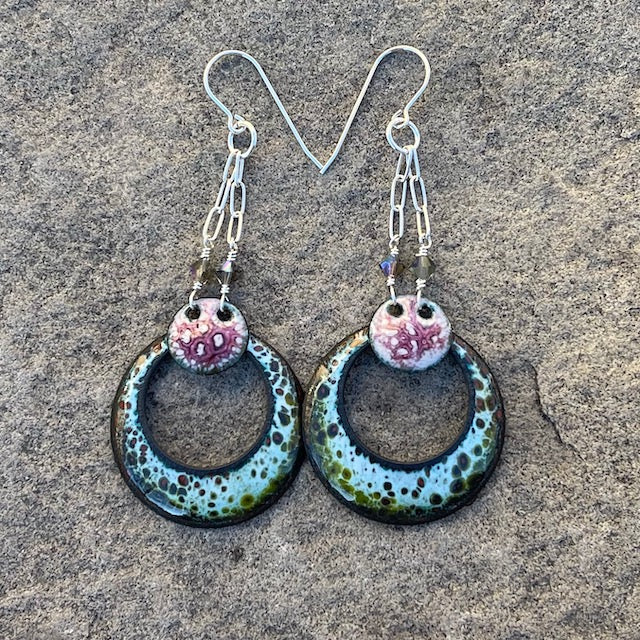 Enamel circle earrings with sterling chain and Swarovski crystals