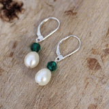 Earrings with freshwater pearls and green crystals, sterling lever back ear wires