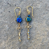 Glass heart earrings with golden flower chain